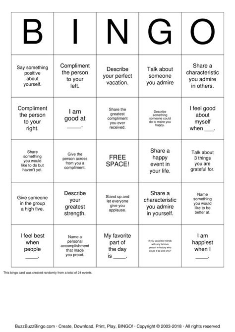 self esteem bingo